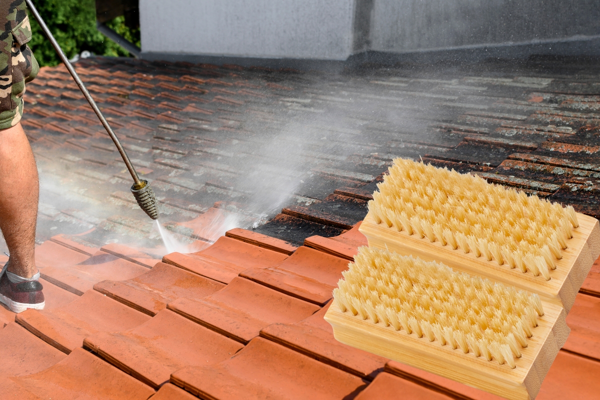 prikaz osobe koja čisti krov i četke za čišćenje pored